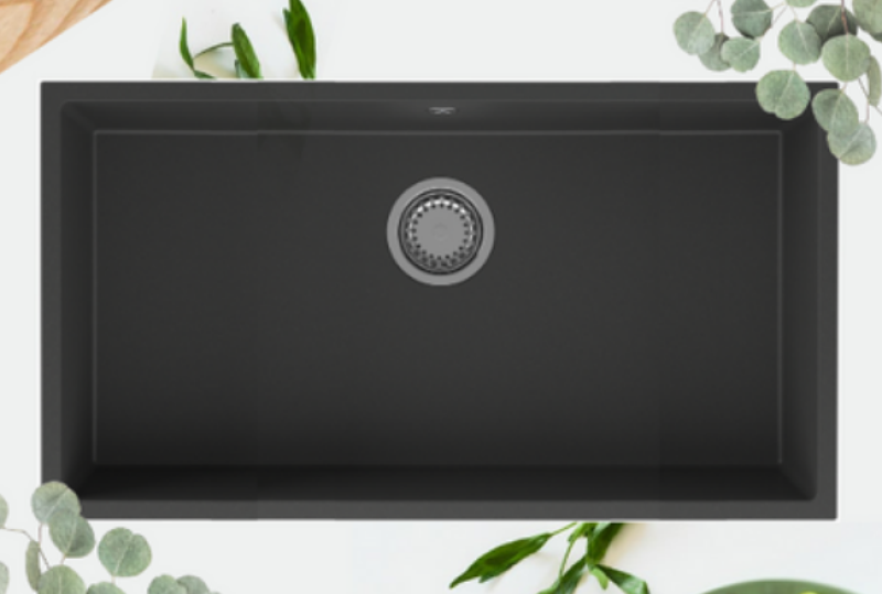 GraniteMy Universele grote zwarte granieten spoelbak 74x40 cm zwart voor opbouw, onderbouw en vlakbouw met roestvrijstalen plug 1208967110