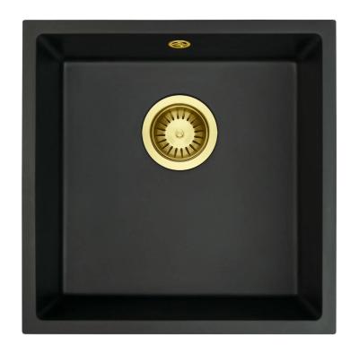 GraniteMy Universele granieten zwarte spoelbak 40x40 cm zwart, opbouw, onderbouw en vlakbouw met gouden plug 1208967113
