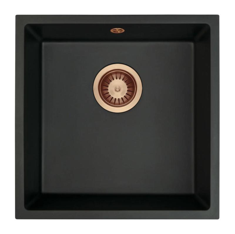 GraniteMy Universele granieten zwarte spoelbak 40x40 cm czarny nabudowa podbudowa i montaż na równi z miedzianym korkiem 1208967114