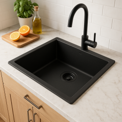 GraniteMy Universele granieten zwarte spoelbak 50x40 cm zwart, geschikt voor opbouw, onderbouw en vlakbouw met zwarte plug 1208967129