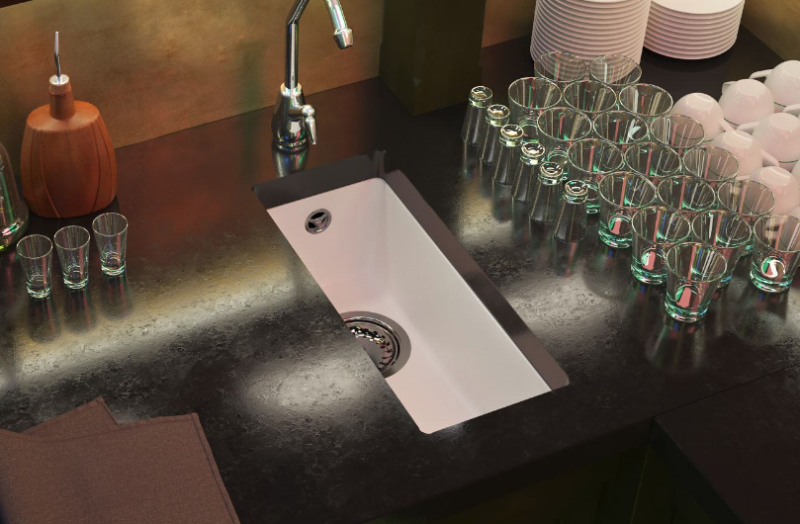 GraniteMy Universal granitowy biały mały zlew 17x40 cm biały do montażu na blacie, pod blatem i na równi z blatem ze złotym korkiem 1208967138