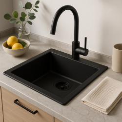 GraniteMy Universele granieten zwarte gootsteen 34x40 cm zwart inbouw, onderbouw en vlakbouw met zwarte plug 1208967143