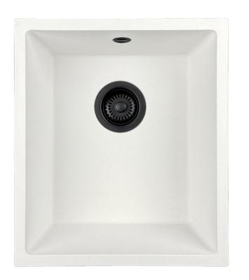GraniteMy Uniwersalny biały zlewozmywak granitowy 34x40 cm montowany na blat, podblatowy i wpuszczany z czarnym korkiem 1208967147