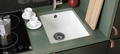 GraniteMy Universele granieten witte spoelbak 34x40 cm wit opbouw onderbouw en vlakbouw met koperen plug 1208967148