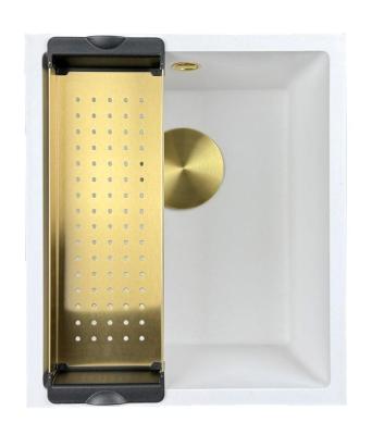 GraniteMy Universele granieten witte spoelbak 34x40 cm wit opbouw onderbouw en vlakbouw met gouden plug 1208967149