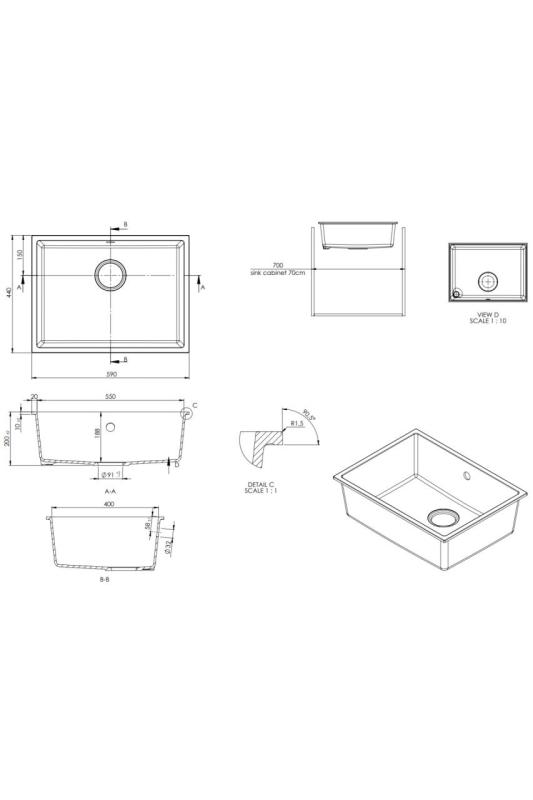 GraniteMy Universele granieten witte gootsteen 55x40 cm wit opbouw onderbouw en vlakbouw met zwarte plug 1208967154