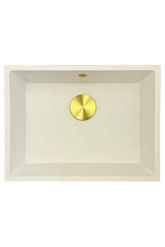 GraniteMy Uniwersalny biały zlewozmywak granitowy 55x40 cm biały montaż na blacie, podwieszany i zlicowany z blatem ze złotym korkiem 1208967155