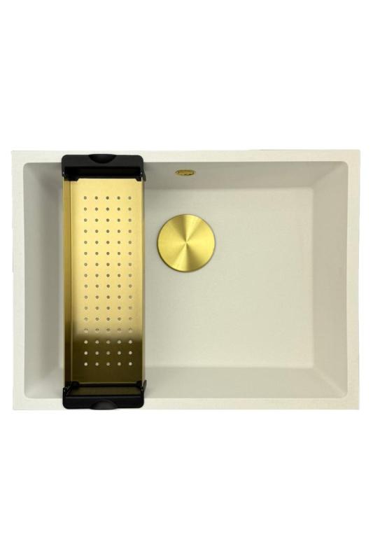 GraniteMy Uniwersalny biały zlewozmywak granitowy 55x40 cm biały montaż na blacie, podwieszany i zlicowany z blatem ze złotym korkiem 1208967155