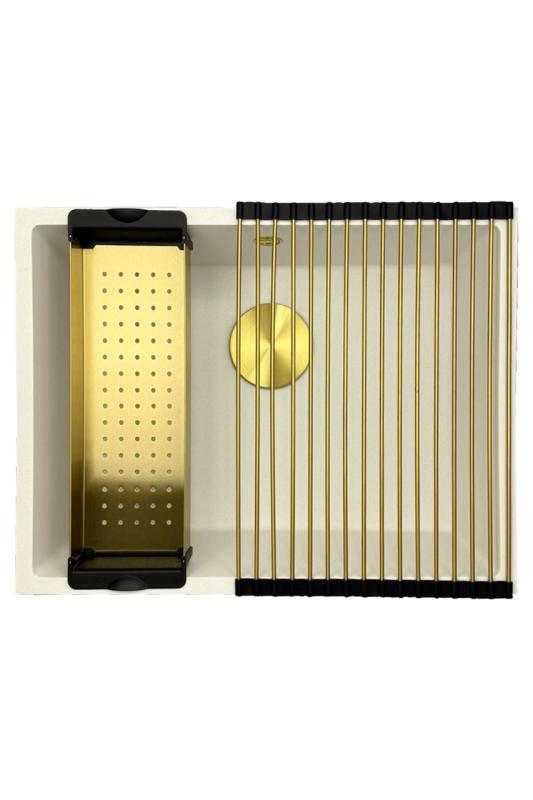 GraniteMy Uniwersalny biały zlewozmywak granitowy 55x40 cm biały montaż na blacie, podwieszany i zlicowany z blatem ze złotym korkiem 1208967155