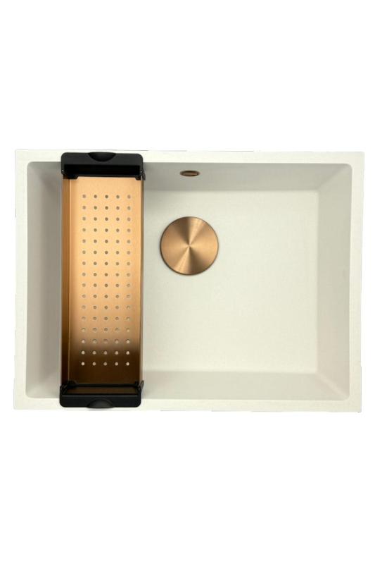 GraniteMy Uniwersalny granitowy biały zlew 55x40 cm biały montaż na powierzchni, pod montażem i montażem płaskim z miedzianym korkiem 1208967156