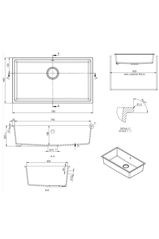 GraniteMy Uniwersalny duży biały zlew granitowy 74x40 cm biały, montaż nablatowy, podwieszany i wpuszczany z złotym korkiem 1208967163