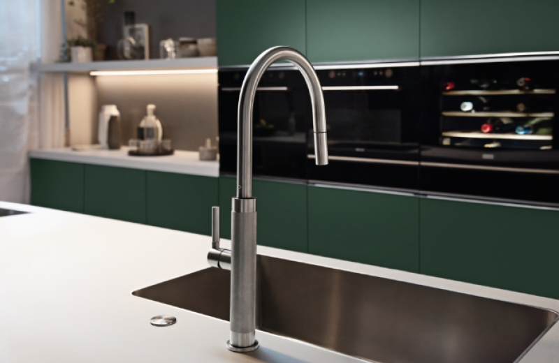 Franke Mythos Masterpiece Batería kuchenna z wylewką w kształcie litery J, wyciąganą głowicą prysznicową, w całości ze stali nierdzewnej 115.0711.554