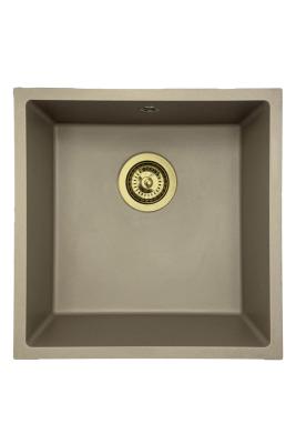 GraniteMy Universele granieten taupe gootsteen 40x40 cm opbouw, onderbouw en vlakbouw met gouden afvoerplug 1208967215