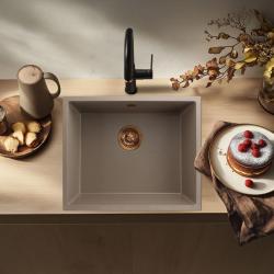 GraniteMy Universele granieten taupe gootsteen 50x40 cm voor inbouw, onderbouw en vlakbouw met koperen plug 1208967225