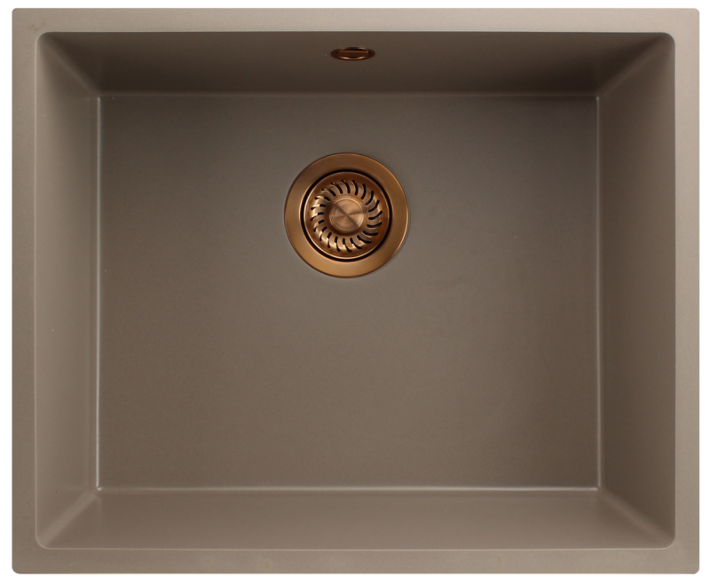 GraniteMy Universele granieten taupe gootsteen 50x40 cm voor inbouw, onderbouw en vlakbouw met koperen plug 1208967225