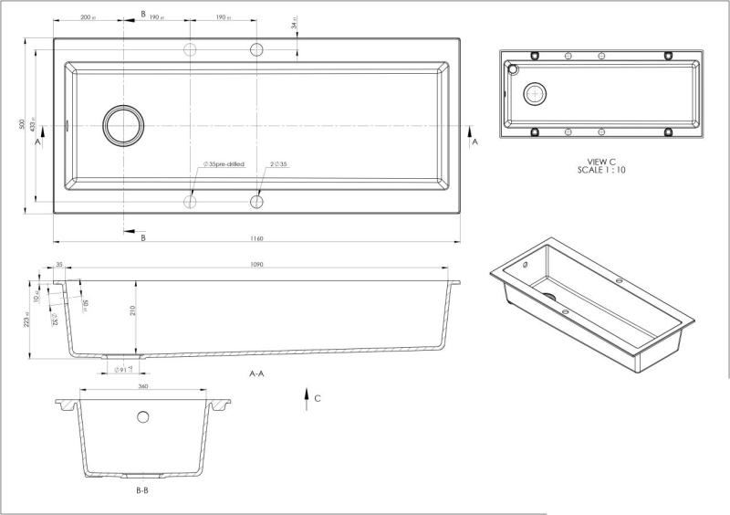 GraniteMy Trog granitowy, bardzo duży, czarny zlew 116x50 cm, czarny montażowy z półką na baterię z czarnym korkiem 1208967237