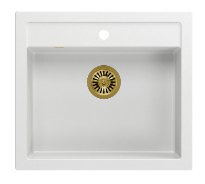 Quadri Farmhouse wiejski zlew granitowy wpuszczany lub nakładany matowy biały ze złotym korkiem 595x540mm 1208967264