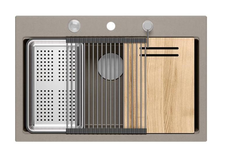 Quadri Hard Rock taupe granitowy zlew nablatowy duży 76x50cm, w zestawie z korkiem ze stali nierdzewnej i akcesoriami 1208967270