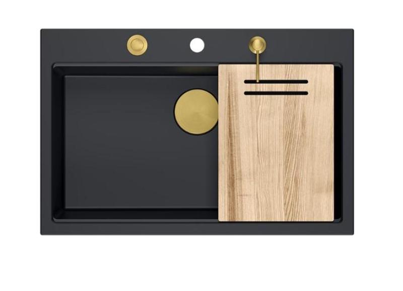 Quadri Hard Rock mat czarny granitowy zlew nablatowy duży 76x50cm, w zestawie złoty korek i akcesoria 1208967277