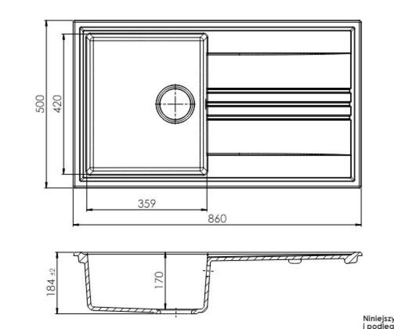 GraniteMy Vesi granitowy zlewozmywak czarny 86x50cm z ociekaczem, odwracalny z korkiem ze stali nierdzewnej 1208967279