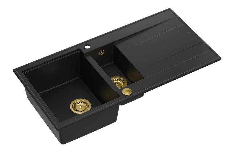 Quadri Luton czarny granitowy zlewozmywak nablatowy 1,5 komory z ociekaczem odwracalny 100x50cm ze złotym korkiem 1208967346