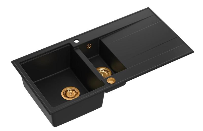 Quadri Luton czarny granitowy zlewozmywak nablatowy 1,5 komory z ociekaczem, odwracalny, 100x50 cm, z miedzianym korkiem 1208967347