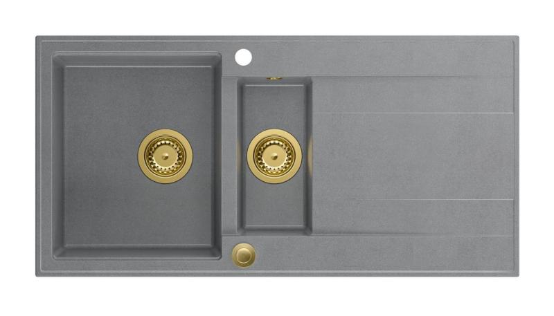 Quadri Luton szary granitowy zlewozmywak nablatowy 1,5 komory z ociekaczem, odwracalny, 100x50cm, z złotym korkiem 1208967351