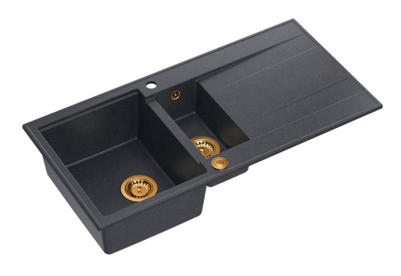 Quadri Luton antracytowy granitowy zlewozmywak nablatowy 1,5 komory z ociekaczem, odwracalny, 100x50 cm z miedzianym korkiem 1208967355