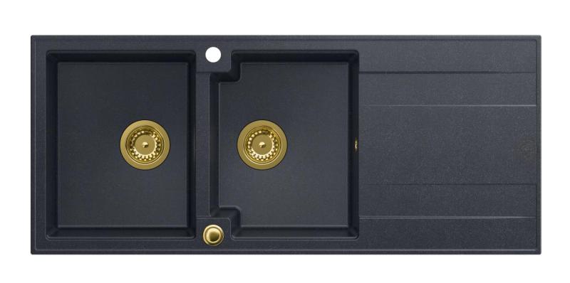 Quadri Luton podwójny zlew granitowy antracytowy z ociekaczem 116x50 cm ze złotym korkiem 1208967364