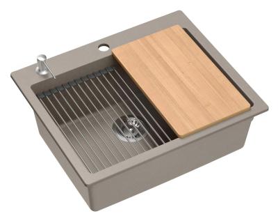 Quadri Durham taupe granitowy zlewozmywak nawierzchniowy 595x500 z dozownikiem do mydła, deską do krojenia, wkładem do zlewu i matą do rolowania 1208967376