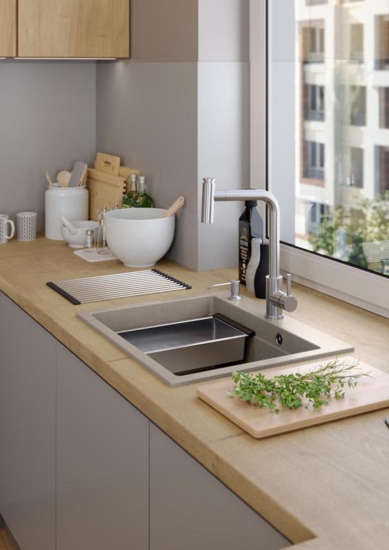 Quadri Durham taupe granitowy zlewozmywak nawierzchniowy 595x500 z dozownikiem do mydła, deską do krojenia, wkładem do zlewu i matą do rolowania 1208967376