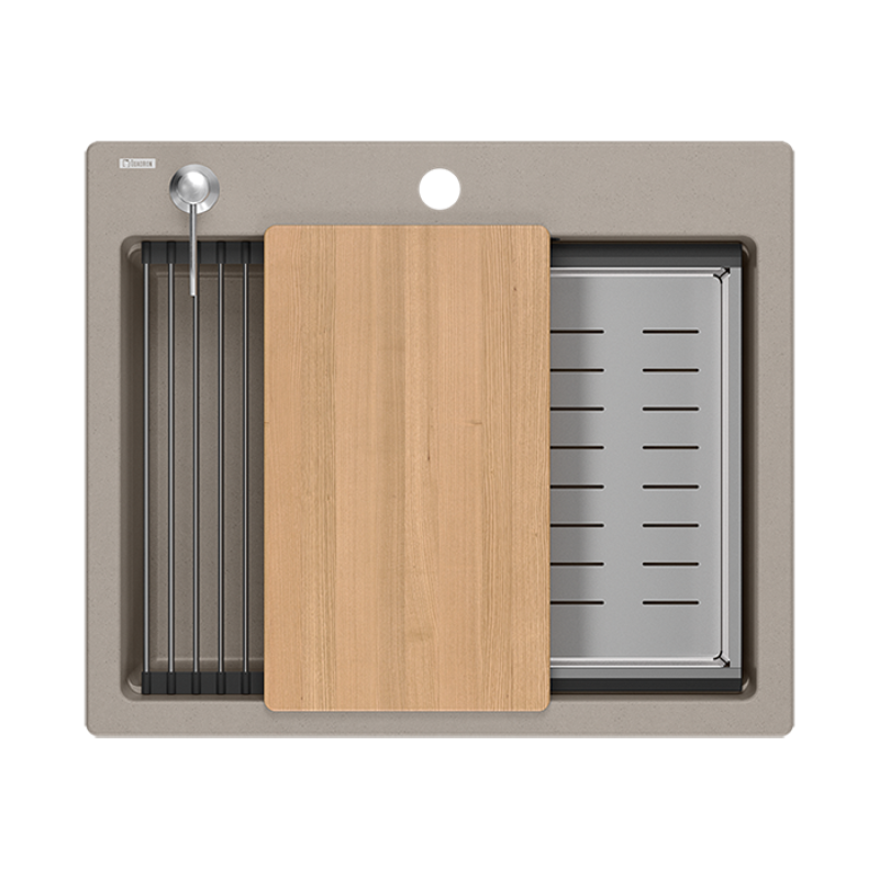 Quadri Durham taupe granitowy zlewozmywak nawierzchniowy 595x500 z dozownikiem do mydła, deską do krojenia, wkładem do zlewu i matą do rolowania 1208967376