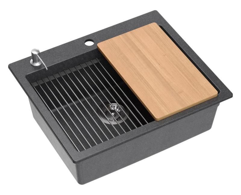 Quadri Durham antracytowy granitowy zlew nawierzchniowy 595x500 z dozownikiem do mydła, deską do krojenia, wkładką do zlewu i matą do rolowania 1208967379