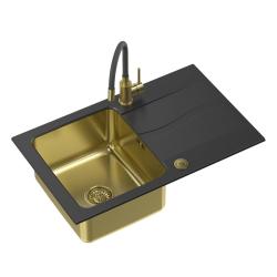 Quadri Fusion Set met keukenmengkraan en opbouw gouden spoelbak met onyx granieten afdruipgedeelte 78x48 omkeerbaar 1208967415