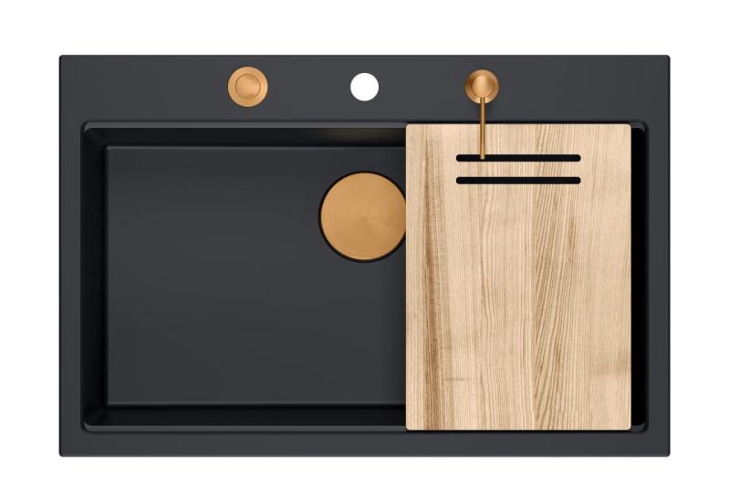 Quadri Hard Rock matowa czarna granitowa duża umywalka nablatowa 76x50cm, w zestawie z miedzianym korkiem i akcesorium 1208967423