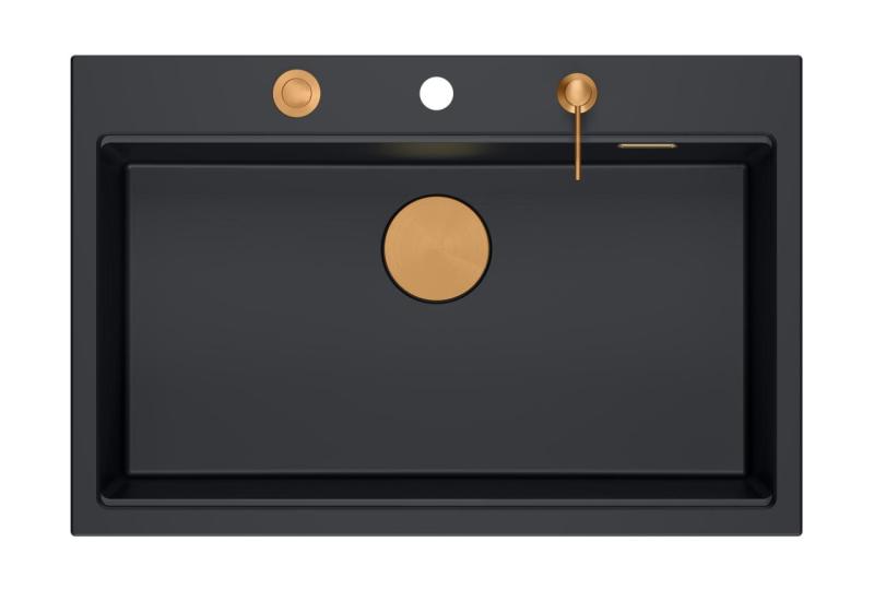 Quadri Hard Rock matowa czarna granitowa duża umywalka nablatowa 76x50cm, w zestawie z miedzianym korkiem i akcesorium 1208967423