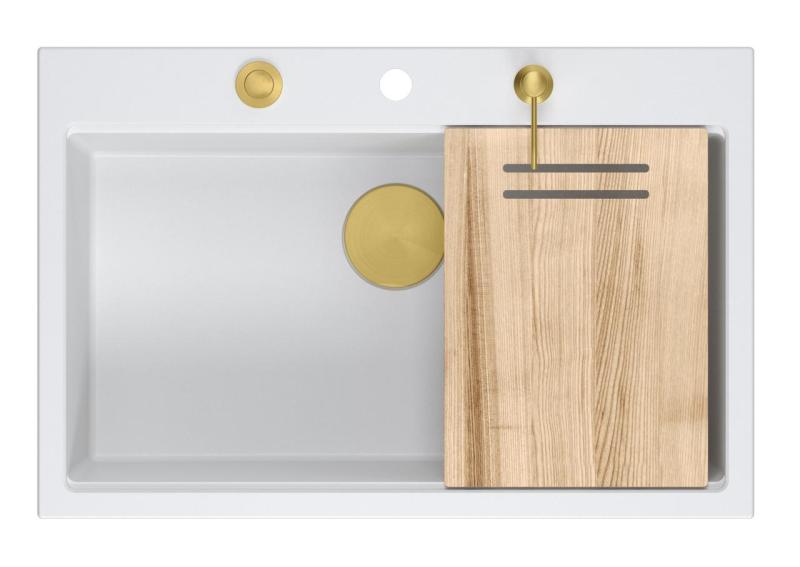 Quadri Hard Rock biały granitowy zlew nablatowy duży 76x50cm w zestawie ze złotym korkiem i akcesoriami 1208967424