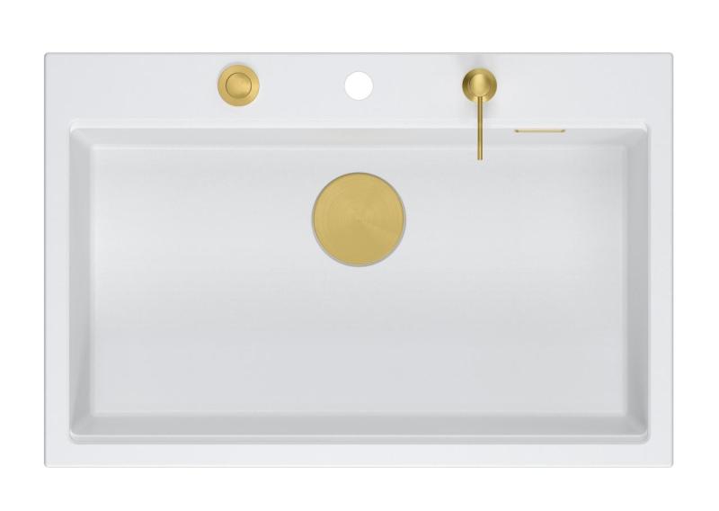 Quadri Hard Rock biały granitowy zlew nablatowy duży 76x50cm w zestawie ze złotym korkiem i akcesoriami 1208967424