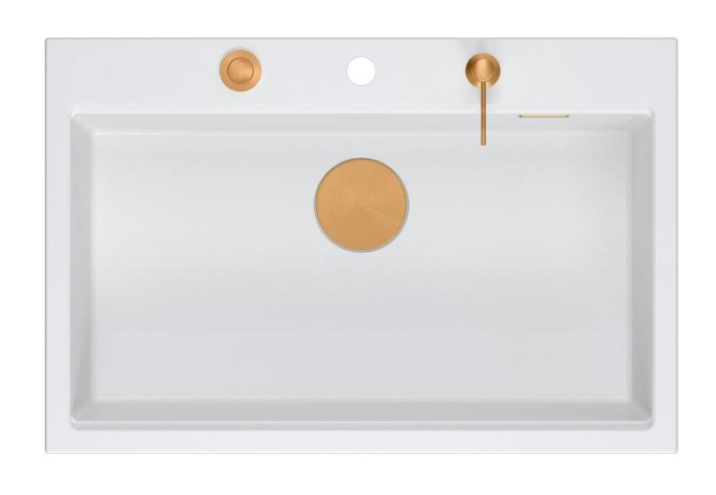 Quadri Hard Rock biały granitowy zlew nablatowy o wymiarach 76x50cm, w zestawie z miedzianym korkiem i akcesoriami 1208967428