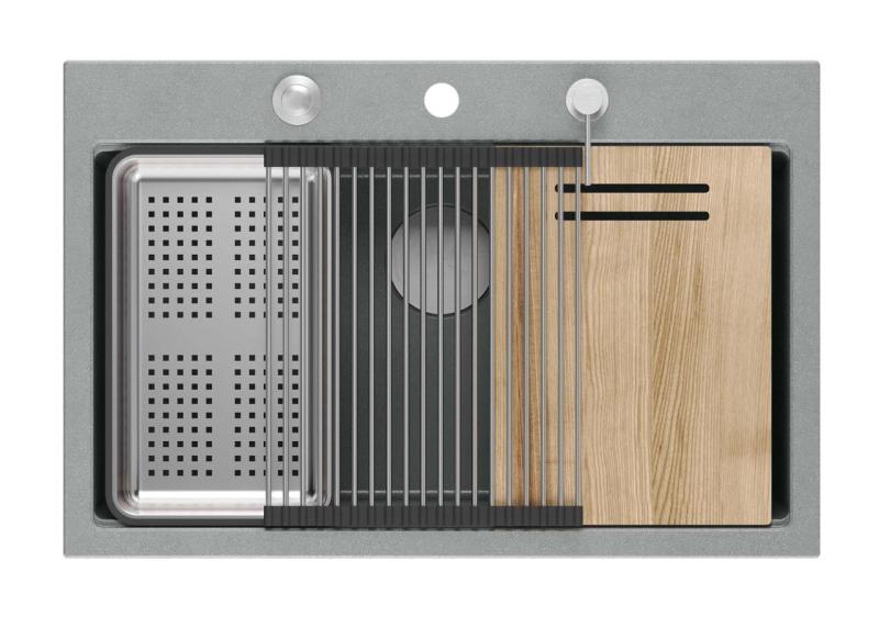 Quadri Hard Rock szary granitowy zlew nablatowy, duża komora 76x50cm, w zestawie ze stalowym korkiem i akcesoriami 1208967430