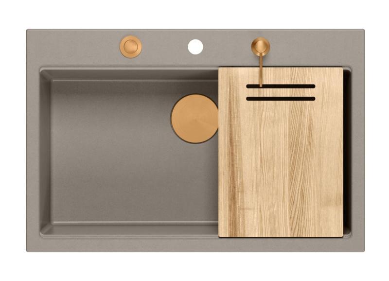 Quadri Hard Rock taupe granitowa duża umywalka nablatowa 76x50cm, w zestawie z miedzianym korkiem i akcesoriami 1208967439