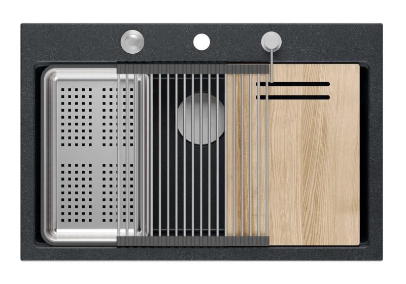 Quadri Hard Rock antracytowy granitowy zlew nablatowy 76x50 cm, w zestawie z korkiem ze stali nierdzewnej i akcesoriami 1208967442