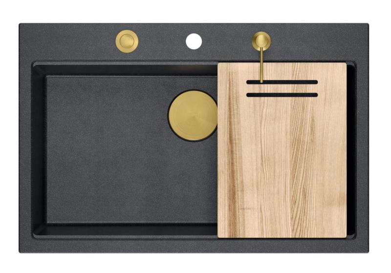 Quadri Hard Rock antracytowy granitowy zlew nablatowy duża komora 76x50cm w zestawie ze złotym korkiem i akcesoriami 1208967444