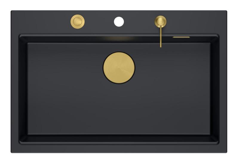 Quadri Hard Rock antracytowy granitowy zlew nablatowy duża komora 76x50cm w zestawie ze złotym korkiem i akcesoriami 1208967444