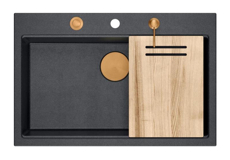 Quadri Hard Rock antracytowy granitowy zlew nablatowy duża komora 76x50cm, w tym miedziany korek i akcesoria 1208967445