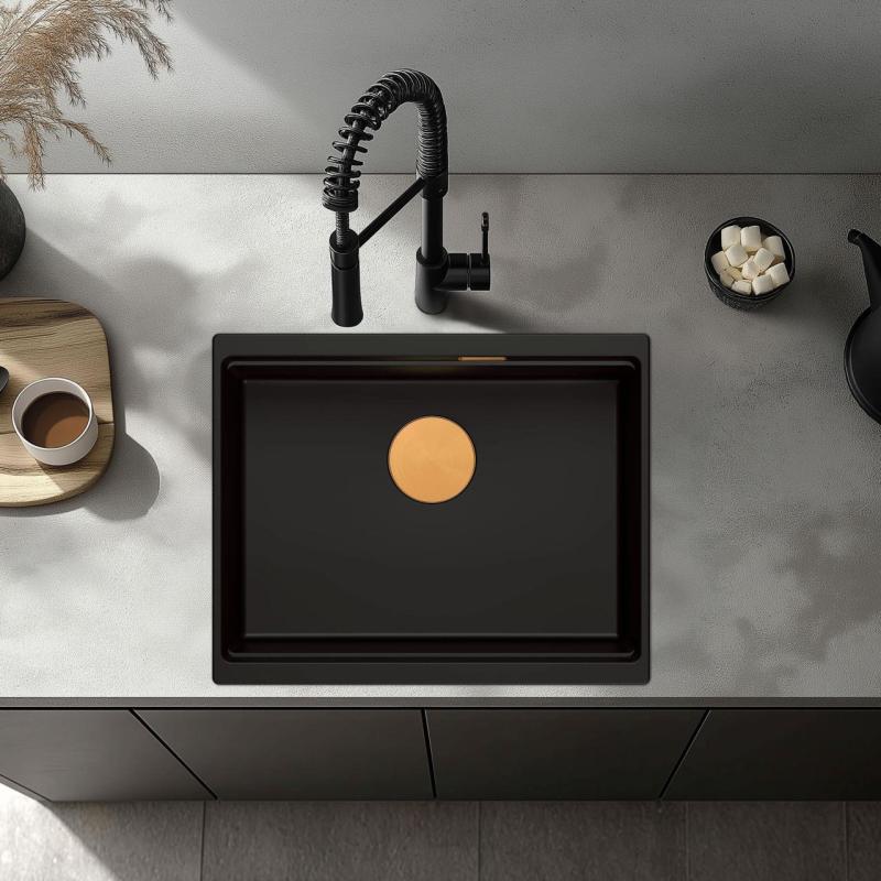 Quadri Newport II granitowa podwieszana czarna umywalka 560x450mm z miedzianym korkiem i pokrywką odpływu 1208967450