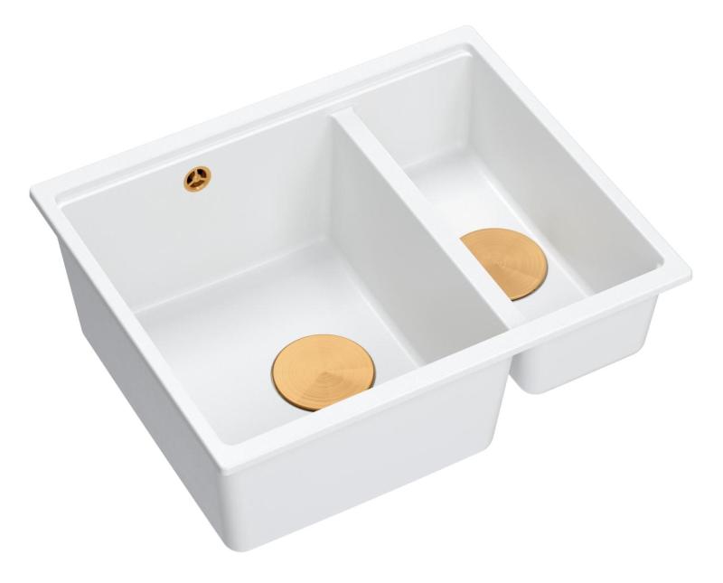 Quadri Newport II biały zlew granitowy 1,5 komory, do montażu na blacie lub pod blatem, 555x460mm z miedzianym korkiem 1208967463