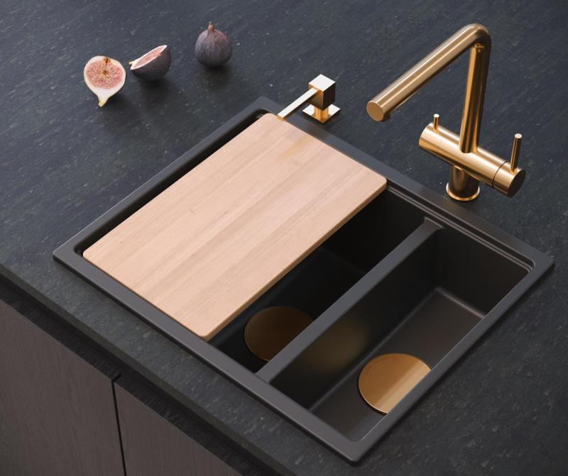 Quadri Newport II czarny 1,5-komorowy zlew granitowy do montażu na blacie i pod blatem 555x460mm z miedzianym korkiem 1208967465