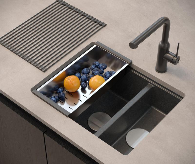 Quadri Newport II antracytowy 1,5 komorowy zlew granitowy do montażu na blacie i pod blatem 555x460mm z korkiem ze stali nierdzewnej 1208967472