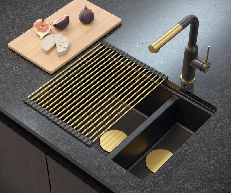 Quadri Newport II antracytowa 1,5 komora z granitu, montowana na blacie lub pod blatem, zlewozmywak 555x460mm ze złotym korkiem 1208967473